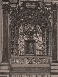 Altaret i Santa Maria delle Grazie-kyrkan, av Luca della Robbia, Montepulciano, Toscana, Italien, träsnitt från Le cento citta d