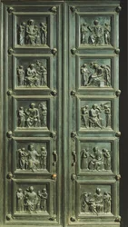 Italia, Florence, Kanisa la Santa Maria del Fiore, Mlango wa sacristy ya raia, na Luca della Robbia (circa 1400-1482) (Urithi wa Dunia wa UNESCO