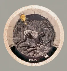 Juni: en bonde som skördar vetet. Terrakotta av Luca della Robbia