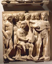 Laudate Eum in chordis et organo (Psalm 150, Laudate Dominum), panel med pojkar som sjunger med orgel, harpa och luta
