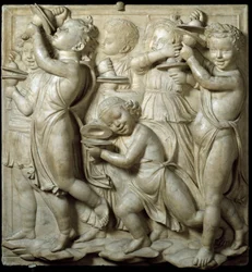 Panel av Cantoria eller sångarläktare: barn som spelar cymbaler. hög marmorrelief av Luca della Robbia (ca 1400-1482) 1431-1438 Dim. 348 cm Museo dell