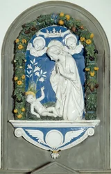 The Virgin Adoring the Child High Relief av Luca della Robbia (1400-1482) 1400-talets helgedom i Verna, Italien
