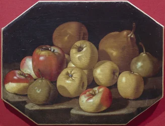 Stilleben med äpplen och päron, oljemålning av Luca Forte (1610-1670)