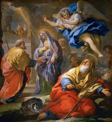 Barock: Joachim tar emot löftet och mötet mellan de heliga Joachim och Anne vid Golden Gate av Giordano, Luca (1632-1705), ca 1696. Olja på burk
