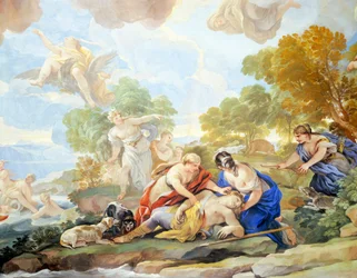 Death of Adonis, detalj av cykeln av fresker i Hall of Mirrors av Luca Giordano (1634-1705), fresk, Palazzo Medici Riccardi, Florens
