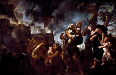 Aeneas flyr från Troja. Aeneas bär Anchises och flyr från staden som har fallit i akajernas händer. 1675-1680. Genua, Galleria Nazionale di Palazzo Spinola