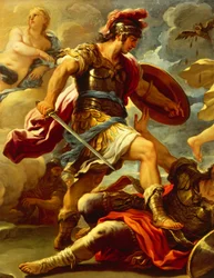 Figur av Aeneas, detaljer från Aeneas besegrar Turnus, av Luca Giordano (1634-1705), olja på duk