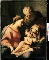 ""Den heliga familjen med Saint Elizabeth"" (Den heliga familjen) Målning av Luca Giordano (1632-1705) Mikhail Kroshitsky konstmuseum från 1600-talet, Sevastopol (Sevastopol) Ukraina