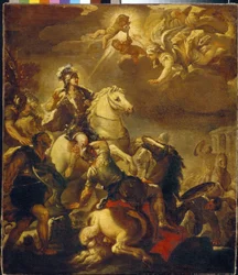 Korsets framträdande för kejsar Konstantin (Flauius Valerius Aurelius Constantinus, 272-306). (Korsets uppenbarelse för kejsaren Konstantin). Målning av Luca Giordano (1632-1705), olja på duk, cirka 1680. Italiensk konst (Neapel)
