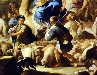 Får och herdar, detalj från Rebeccas avresa till Kanaan, av Luca Giordano (1634-1705), olja på koppar, 59x85 cm