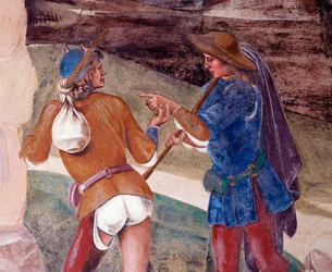 Benedictus förmanar brodern till munken Valerianus som har brutit sin snabba detaljklosterfresk gjord av Luca Signorelli (ca 1445-1523) som berättar om livet för Saint Benedict of Nursie (480 - 567) grundare av Benediktinerorden 1497-1498 Abbey of Monte