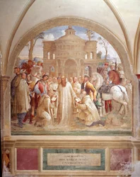 Benedictus skickar Maurus i Frankrike och Placid på Sicilien (Benedict skickar Maurus i Frankrike och Placid på Sicilien) Fresk av klostret gjord av Luca Signorelli som berättar om livet för Saint Benedict of Nursie (480 - 567) grundare av Benediktinerorde