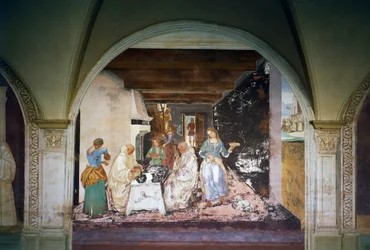 Benedictus berättar för två munkar när och var de har ätit utanför klostret, scen från St Benedikts liv
