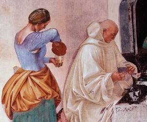 Benedikt berättade för munkarna var och när de åt utanför klostret. Detail Cloister fresk gjord av Luca Signorelli (ca 1445-1523) som berättar om livet för den helige Benediktus av Nursia (480 - 567) grundare av Benediktinerorden 1497-1498 Abbey of Monte O