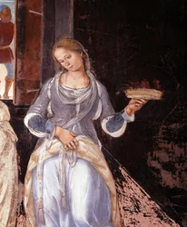 Benedict berättade för munkarna var och när de åt utanför klostret. Detail Cloister fresk gjord av Luca Signorelli (1445 ca-1523) som berättar om livet för Saint Benedict of Nursie (480 - 567) grundare av Benediktinerorden 1497-1498 Abbey of Monte Oli