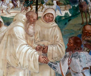Benedict välkomnar Totila som kom för att be om ursäkt för att ha satt Benoit på prov (Benedict välkomnar Totila som kom för att be om ursäkt för att ha satt Benedict på prov) Detaljfresk av klädseln realiserad av Luca Signorelli (ca 1445-1523) r