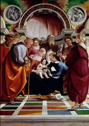 Omskärelse. Bland karaktärerna representerade: Saint Joseph (med käpp), Jungfru Maria, Jesus Kristus och Saint Simeon (höjer sina händer mot himlen). Målning av Luca Signorelli (ca 1445-1523) 1491 ca. Sol. 258,5x180 cm London, National Gallery