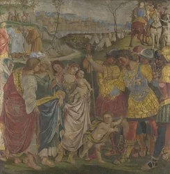 Coriolanus övertalad av sin familj att skona Rom fresker från Palazzo del Magnifico, Siena, 1509
