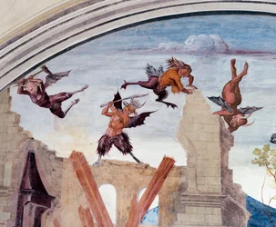 Gud straffar Florenzo (Gud straffar Florenzo) - Detalj Fresk av klostret gjord av Luca Signorelli (ca 1445-1523) som berättar om livet för Saint Benedict of Nursie (480 - 567) grundare av Benediktinerorden 1497-1498 i Monte-klostret. Oliveto Maggiore,