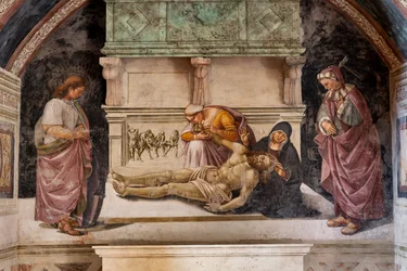 Klagosång om den döde Kristus mellan de två helgonen i Orvieto (S. Parenzo till höger och S. Faustino till vänster)