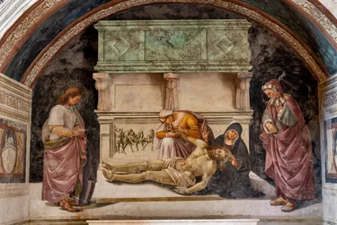 Klagosång om den döde Kristus mellan de två helgonen i Orvieto (S. Parenzo till höger och S. Faustino till vänster)
