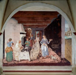 Life of Saint Benedict of Nursie (ca 480-547): "Hur Benedict berättade för munkarna var och när det är planerat att äta utanför klostret" (Hur Benedict berättade för munkarna var och när det är planerat att äta utanför klostret) Fresk av klostret producera