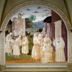 Life of Saint Benoit: "" Saint Benoit återuppväcker en arbetande munk på byggplatsen för klostret Mount Cassin (monte cassino) efter att en mur kollapsat på grund av en demon. Fresk av Luca Signorelli (ca 1445-1523)