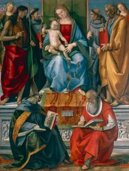 Madonna och barn med Johannes Döparen, Franciskus av Assisi, Antonius av Padua, Joseph Bonaventure och Hieronymus, av Luca Signorelli (ca 1445-1523)