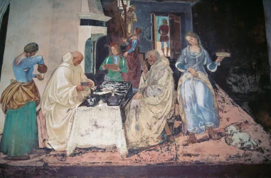 St. Benedikt som tillrättavisar två munkar som har brutit mot regeln, scen från berättelserna om St. Benedikt av Monte Oliveto Maggiore