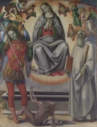 Jungfruns antagande med de heliga Mikael och Benedictus, ca. 1493-96.