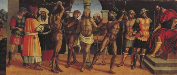 The Flagellation, detalj av predellapanelen från treenighetens altartavla med Madonna och barn och SS. Augustinus och Anastasius panel