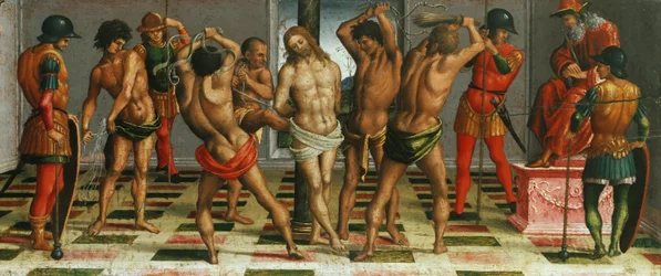 The Flagelation of Christ Lamentation over the Dead Christ, Predella panel, 1502.