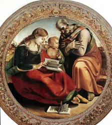 Den heliga familjen. Målning av Luca Signorelli (1450-1523), omkring 1495. Tondo. Diameter: 124 cm. Florens, Galleria degli Uffizi (Uffizierna)