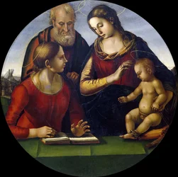 Den heliga familjen med helgon, ca 1490-1495.