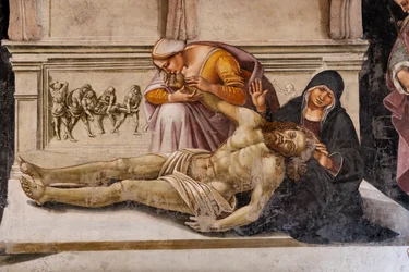 Interiören, Chapel Nova eller Chapel of St. Brizio, Chapel of the Holy Bodys: "Lamentation of the Dead Christ" mellan de två helgonen i Orvieto (S. Parenzo till höger och S. Faustino till vänster), av Luca Signorelli