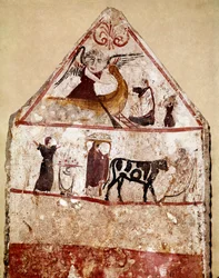 En tjur förs till offeraltaret. Lukansk fresk från 300-talet f.Kr. från nekropolen Andriuolo i Paestum, Italien. Museo Nazionale Archeologico, Paestum