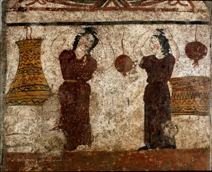 En grupp dansare under en begravningsrit. Lukansk fresk från 4:e århundradet f.Kr., från nekropolen i Paestum, Italien. Museo Nazionale Archeologico, Paestum