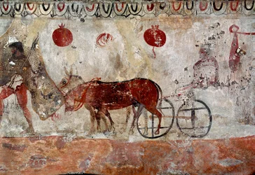 En boskapsskötare och två åsnor. Lukansk fresk från 300-talet f.Kr. från nekropolen i Paestum, Italien. Museo Nazionale Archeologico, Paestum
