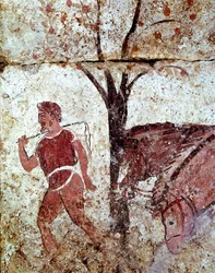 En bonde som leder två hästar. Lukansk fresk från 300-talet f.Kr., från nekropolen i Paestum, Italien. Museo Nazionale Archeologico, Paestum