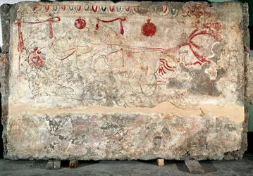 Lukansk fresk av en quadriga från 300-talet f.Kr., från nekropolen i Paestum, Italien. Museo Nazionale Archeologico, Paestum