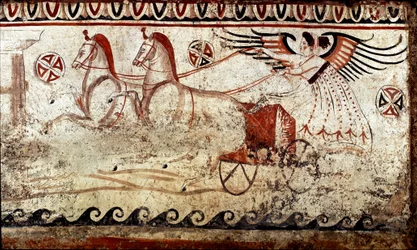 Segergudinnan i en tvåspannsvagn. Lukansk fresk från 4:e århundradet f.Kr., från nekropolen i Paestum, Italien. Museo Nazionale Archeologico, Paestum