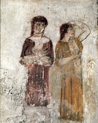 Porträtt av två kvinnor. Lukansk fresk från 4:e århundradet f.Kr., från Ryttarens grav på utgrävningsplatsen Paestum, Italien. Museo Nazionale Archeologico, Paestum