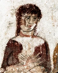 Porträtt av en kvinna. Lukansk fresk från 300-talet f.Kr., från Ryttarens grav, Paestumområdet, Italien. Museo Archeologico Nazionale, Paestum