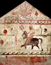 Den segerrike krigarens återkomst. Lukansk fresk från 4:e århundradet f.Kr., från grav 86 i Andriuolo-nekropolen i Paestum, Italien. Museo Nazionale Archeologico, Paestum