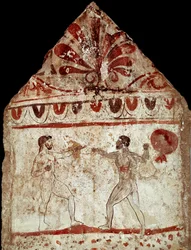 Två idrottare i knytnävskamp (boxning). Lukansk fresk från 300-talet f.Kr., från nekropolen i Paestum, Italien. Museo Archeologico Nazionale, Paestum