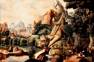 Ett landskap med apor och människor och mytisk stad bortom (olja på panel)