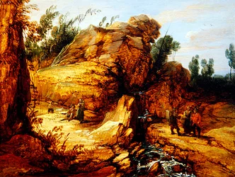 Bönder vilar vid en bergsbäck (olja på panel)
