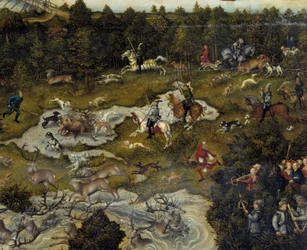 Jakt för att hedra Karl V på Torgau slott i Tyskland Jagar rådjur. Detalj. Målning av Lucas Cranach den äldre