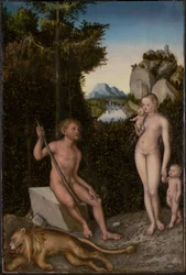 En faun och hans familj med ett dödat lejon