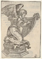 En silverstatyett av en ängel som spelar harpan, från den stora serien av Wittenberg Reliq..., 1509.